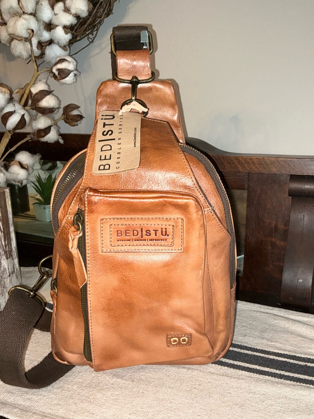 NWT Bed Stu Beau Leather Unisex Backpack Sling Tan Rustic MSRP $260